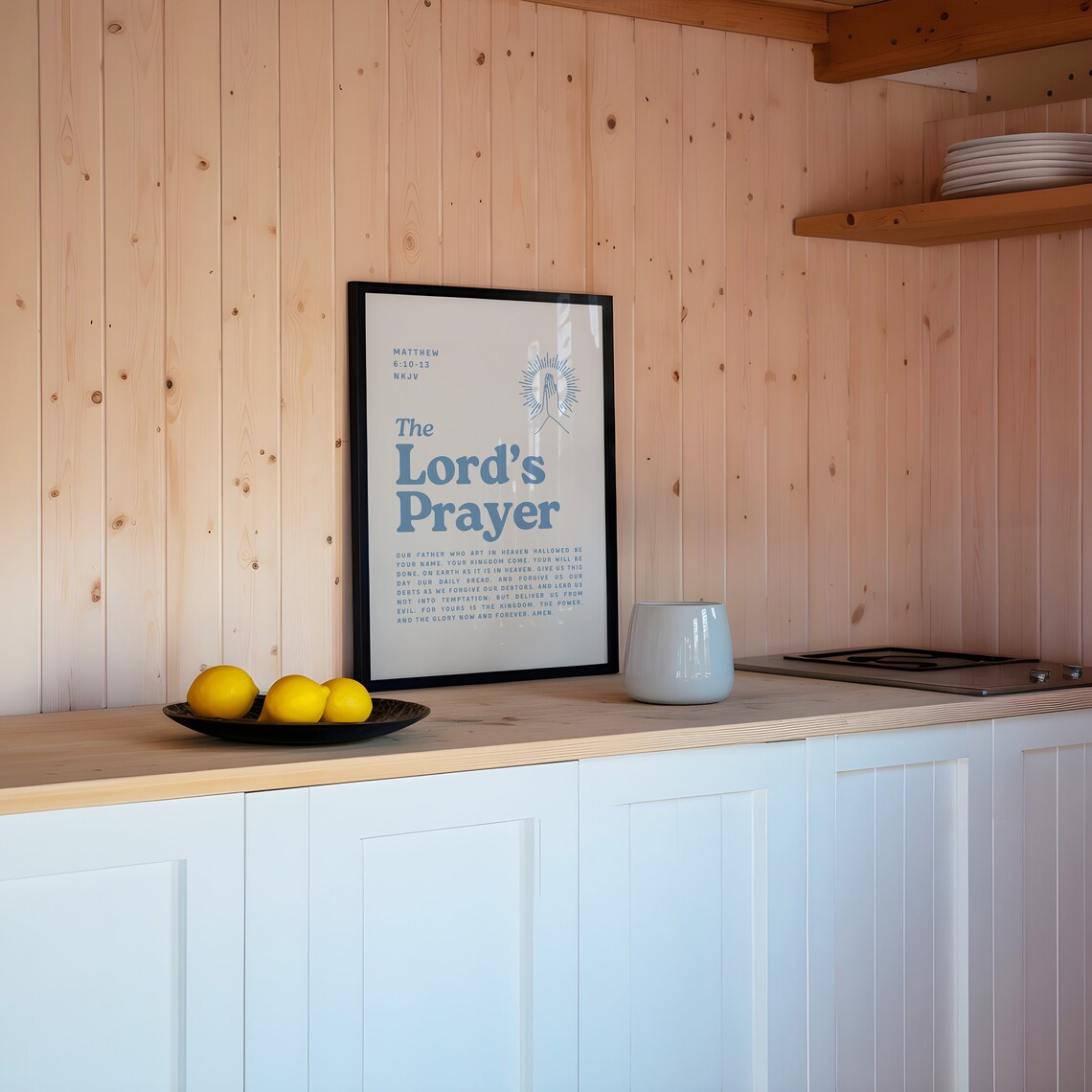 The Lords Prayer Matthew 6 10 13 Blue Retro Praying Hands Christian Wall Poster - Image 4