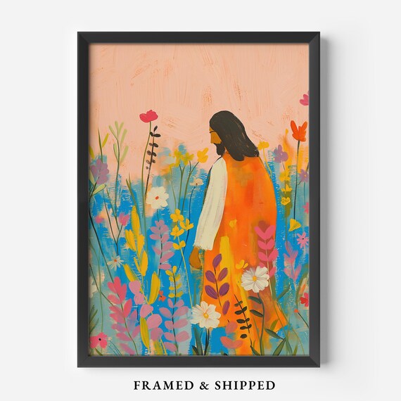 Jesus Walking Among Wildflowers Colorful Floral Painting Poster