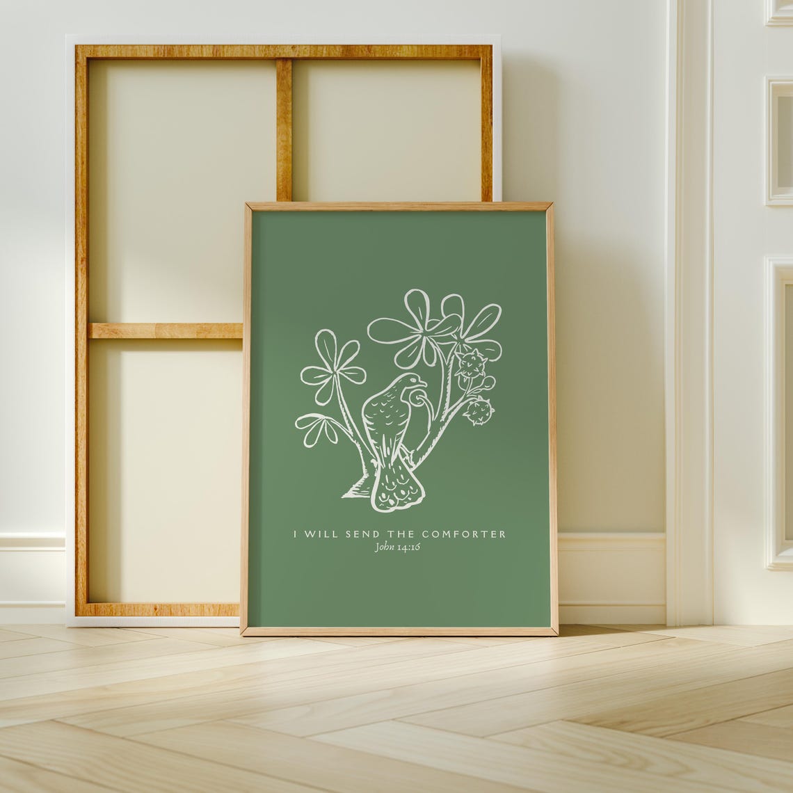 I Will Send the Comforter John 14:16 Green Dove Line Art Poster - Image 3