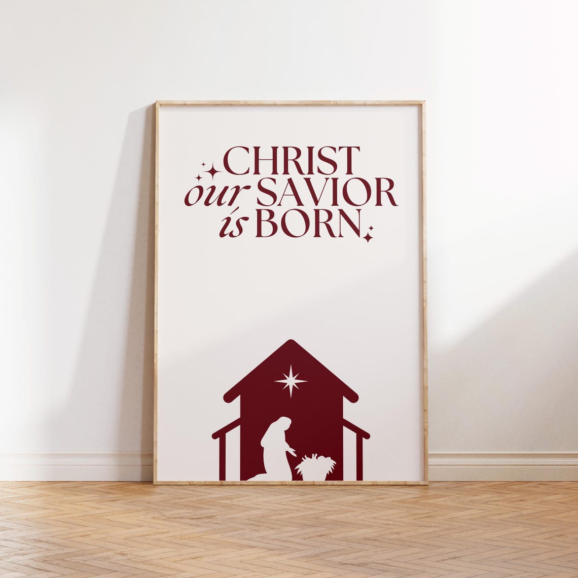 Christ Our Savior Is Born Burgundy Nativity Scene Holiday Poster