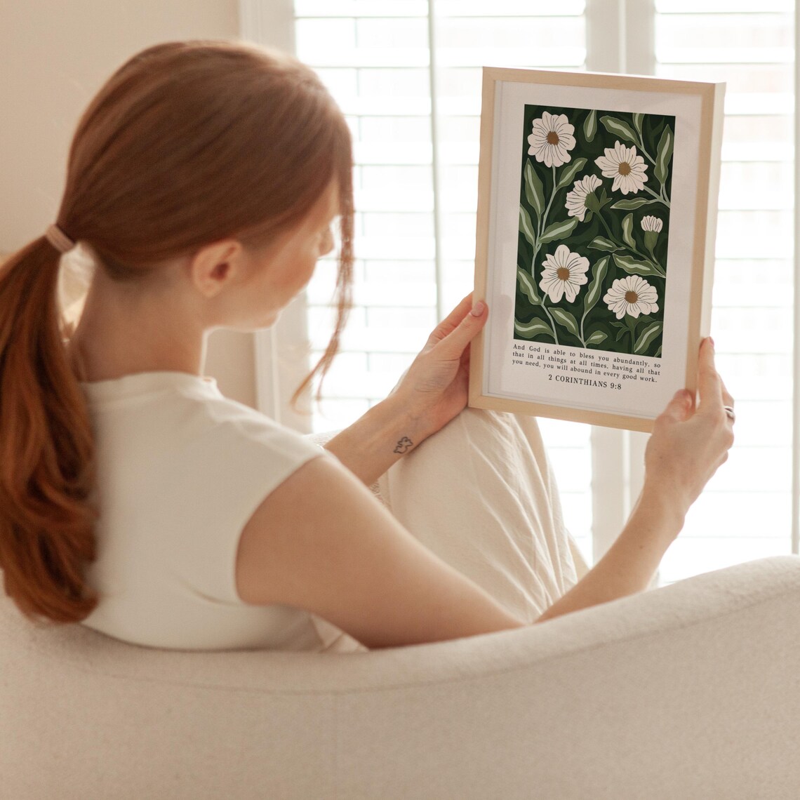 2 Corinthians 9 8 White Daisy Floral Dark Green Botanical Bible Verse Poster - Image 4