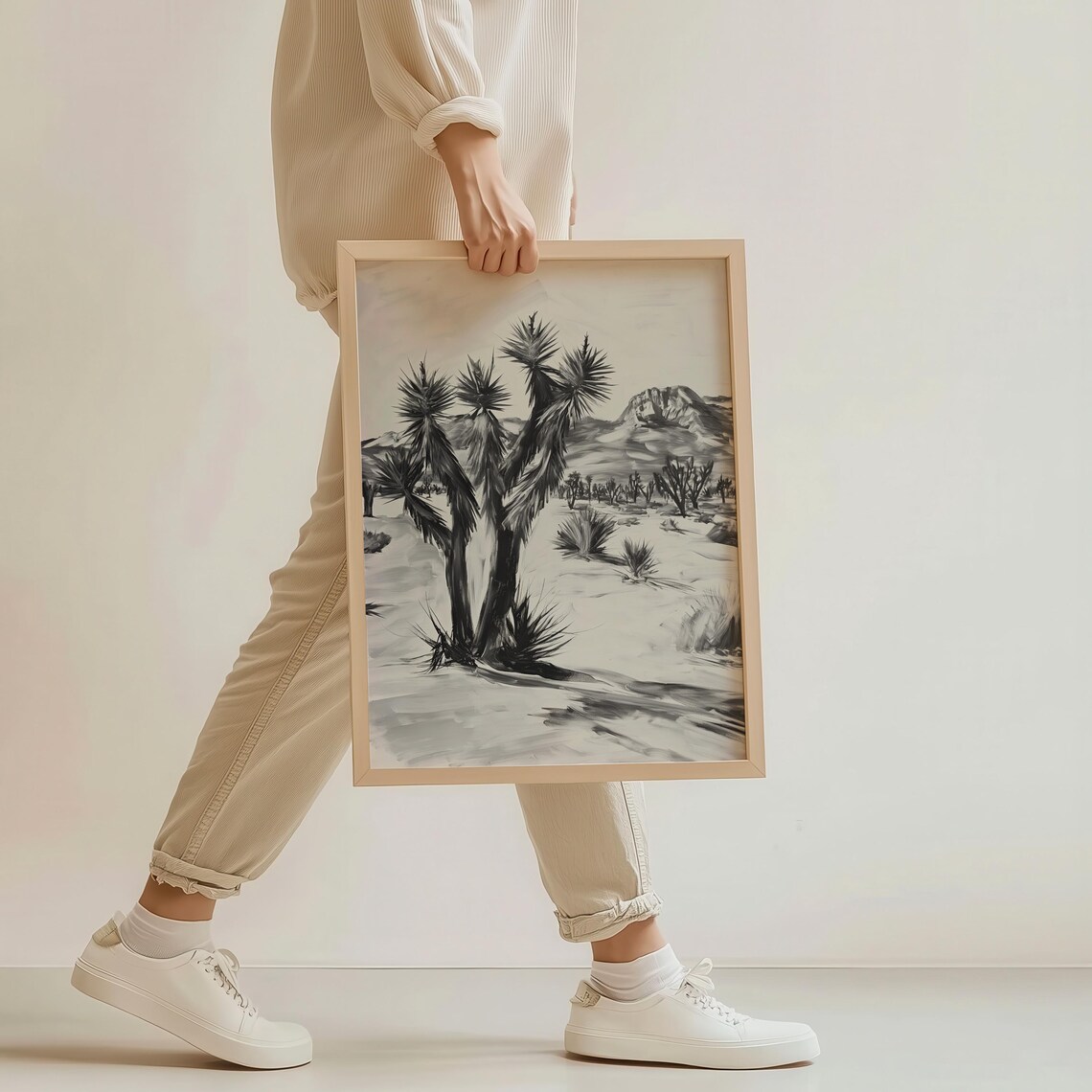 Joshua Tree Desert Black White Minimalist Landscape Sketch Poster - Image 4
