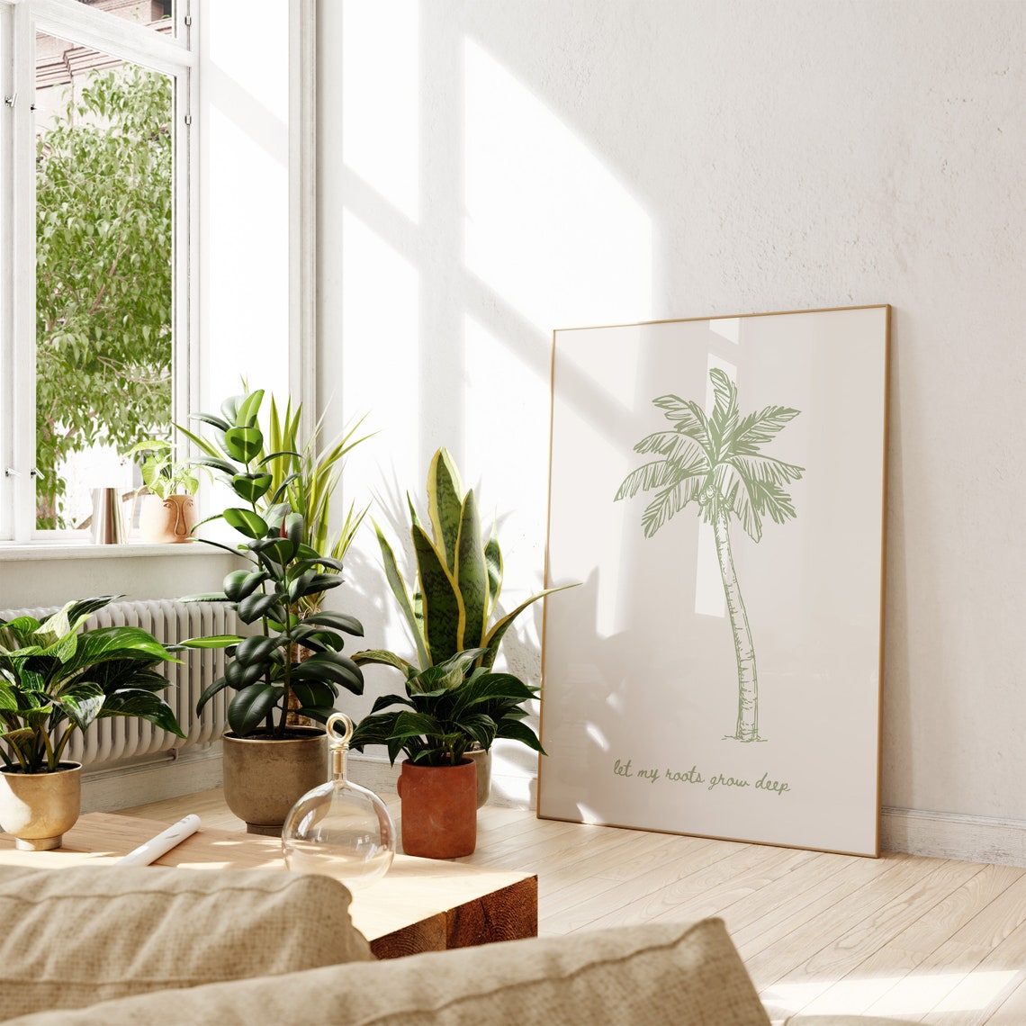 Let My Roots Grow Deep Sage Green Palm Tree Line Drawing Poster - Image 4