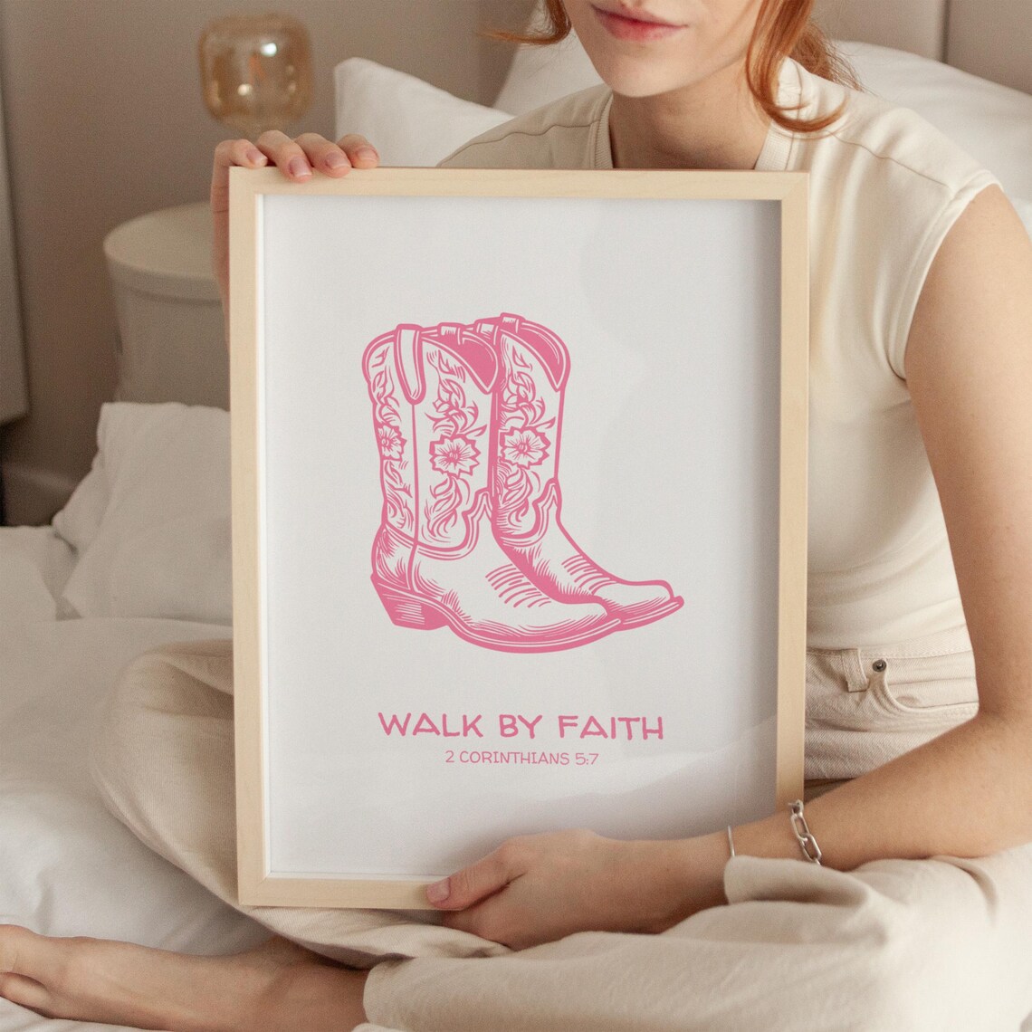 Walk by Faith Pink Cowboy Boots Christian Verse Bible Quote Poster - Image 2