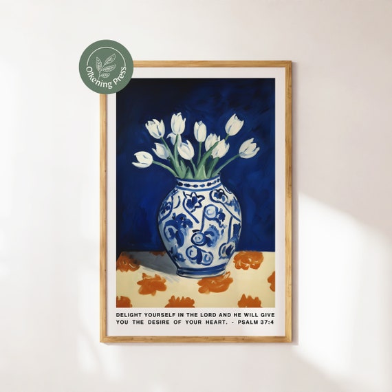 White Tulips Impressionist Painting For Kitchen Wall Decor For Christian Home Wall Art For Flower Lover Bible Verse Gift