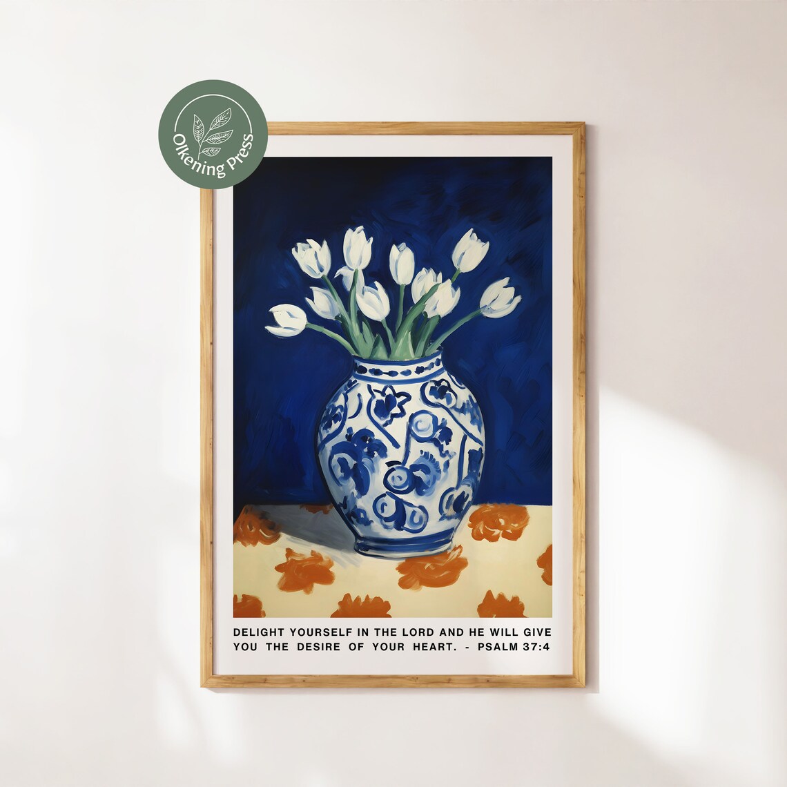 White Tulips Psalm 37:4 Ginger Jar Chinoiserie Blue Impressionist Art Poster