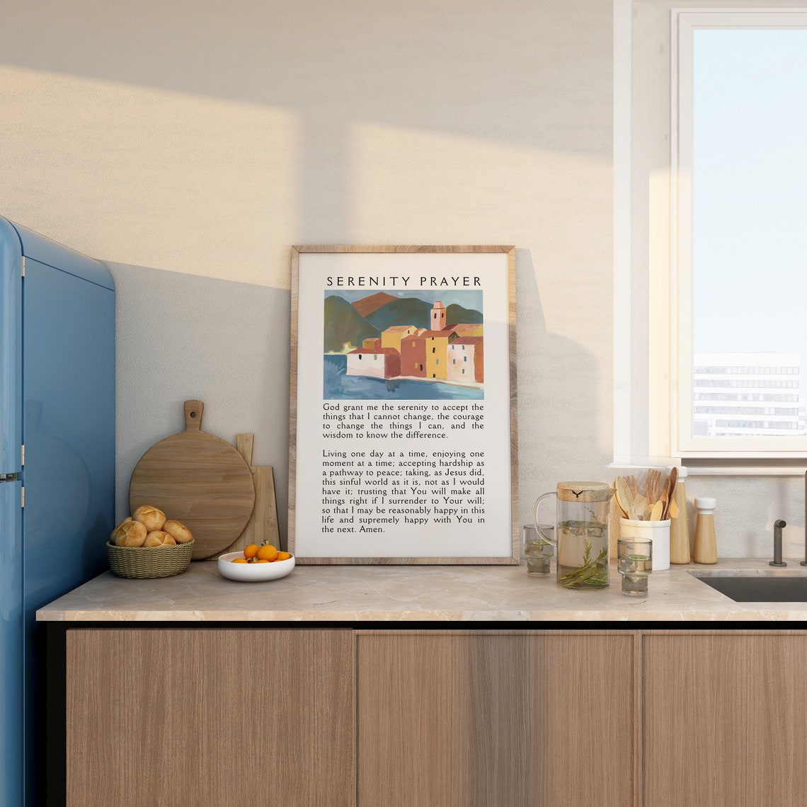 Serenity Prayer Full Text Coastal Village Painting Scripture Poster - Image 3