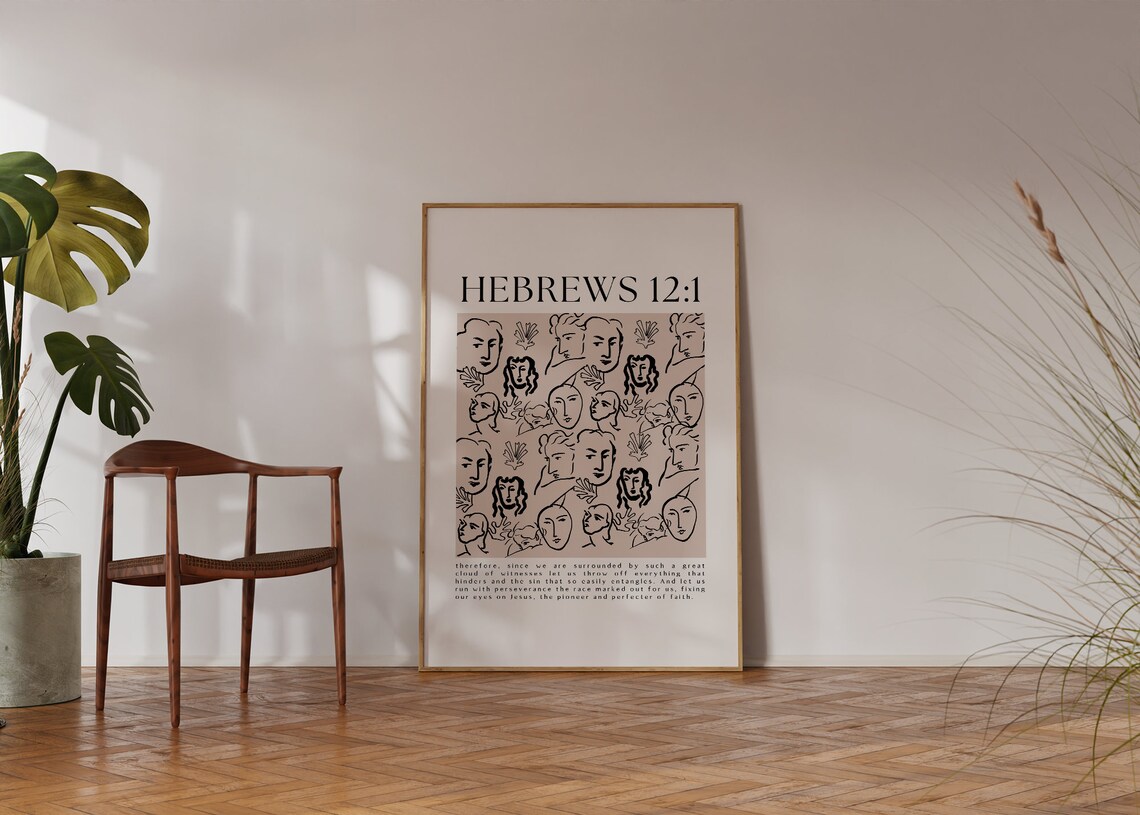 Hebrews 12 Cloud of Witnesses Faces Line Art Christian Scripture Poster - Image 3