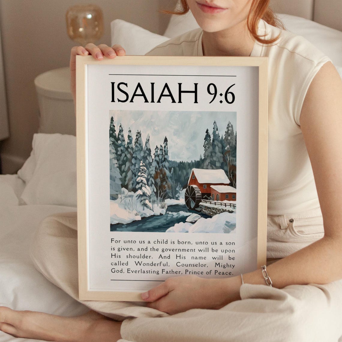 Isaiah 9:6 Winter Snowy Watermill Christmas Scripture Poster - Image 4