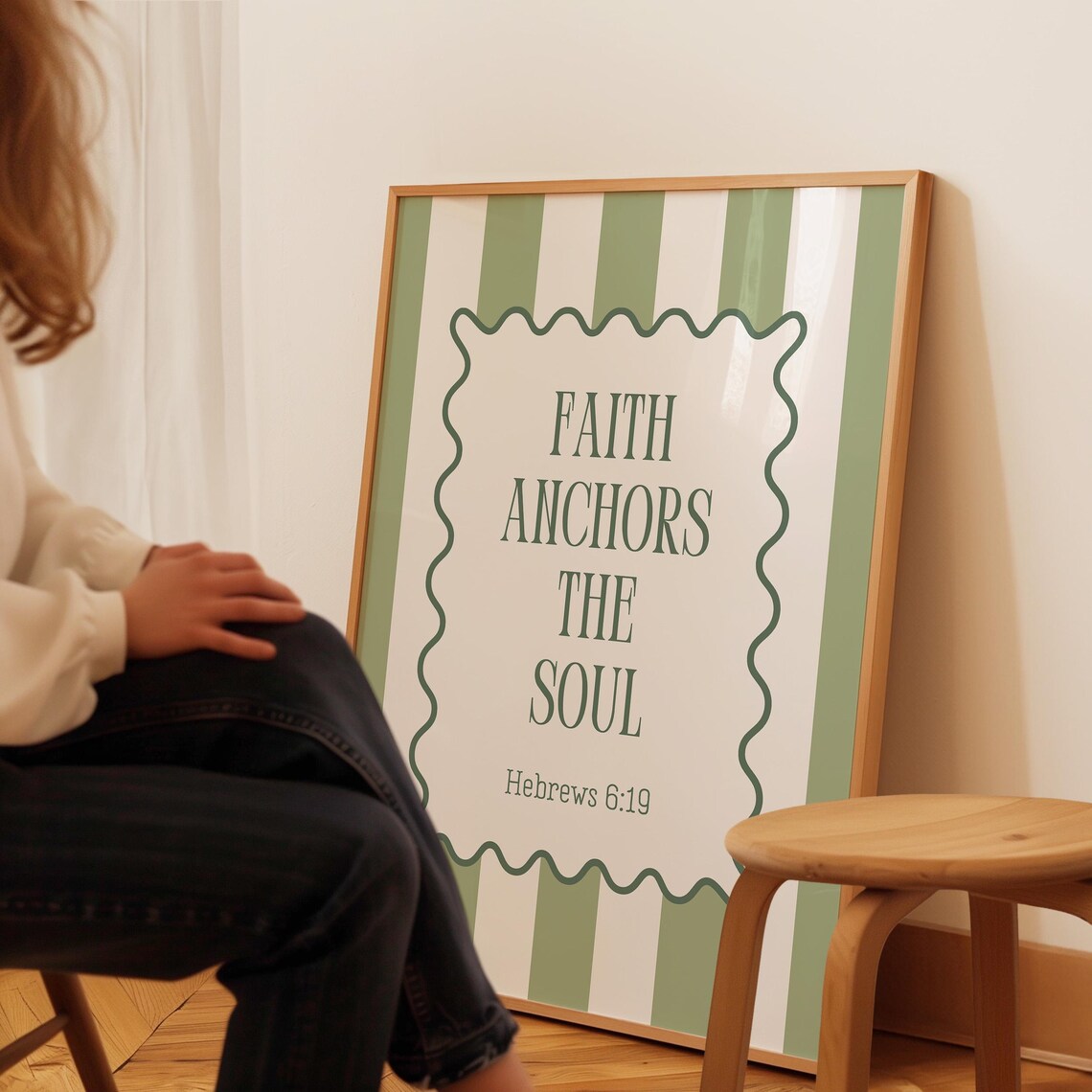 Hebrews 6:19 Faith Anchors the Soul Sage Striped Christian Poster - Image 4