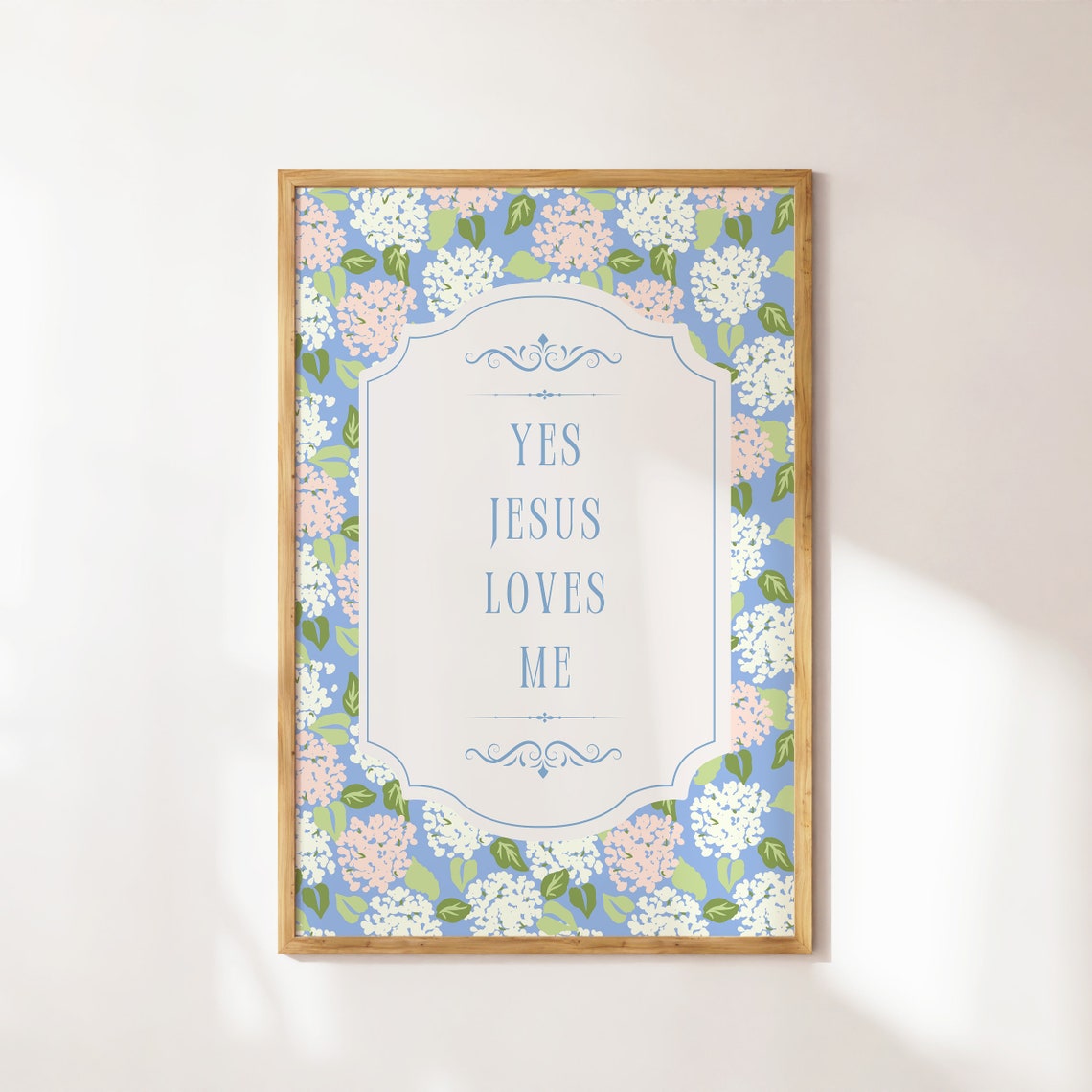 Yes Jesus Loves Me Vintage Blue Hydrangea Floral Border Poster
