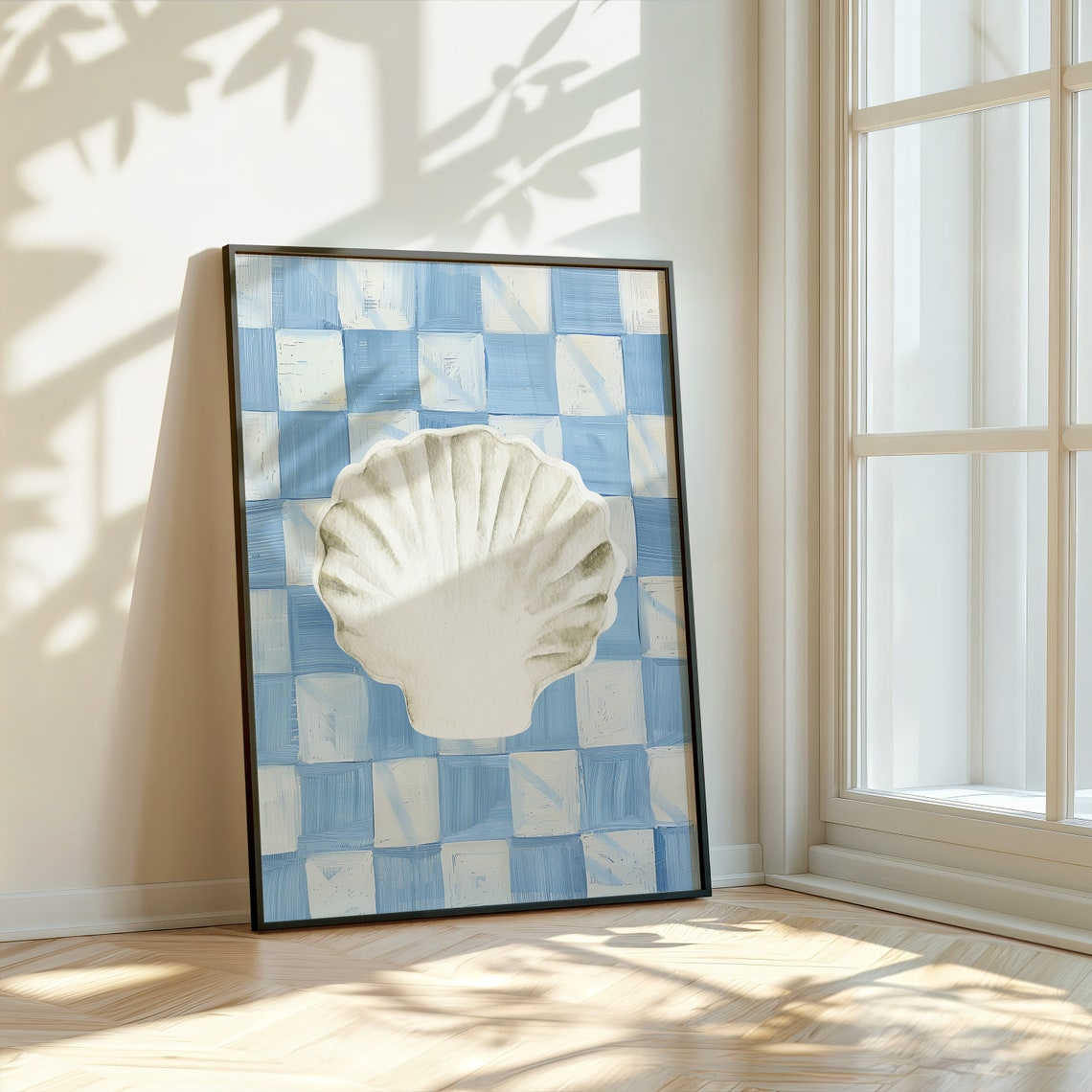 White Seashell Blue Gingham Check Coastal Watercolor Art Poster - Image 3