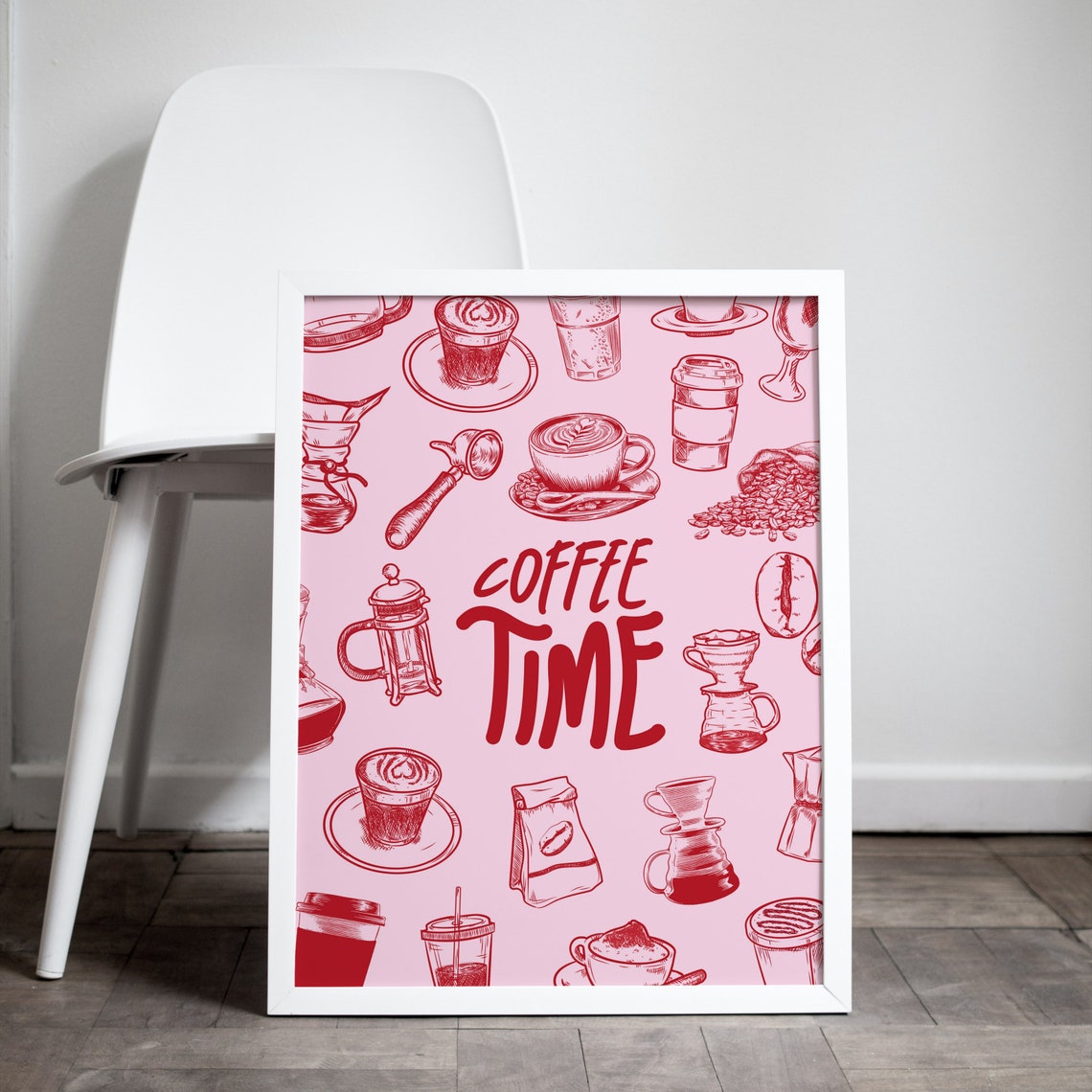Coffee Time Pink Retro Doodle Pattern Coffee Lover Kitchen Wall Art