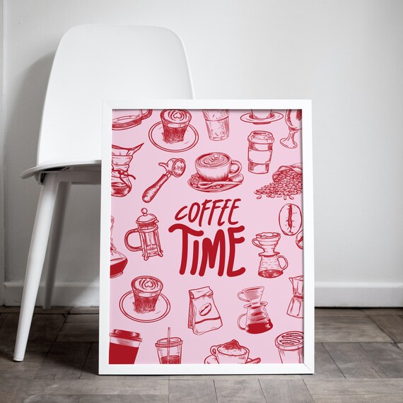 Coffee Time Pink Retro Doodle Pattern Coffee Lover Kitchen Wall Art