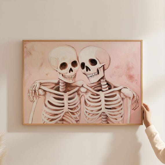 Two Pink Skeletons Hugging Cute Halloween Coquette Art Print