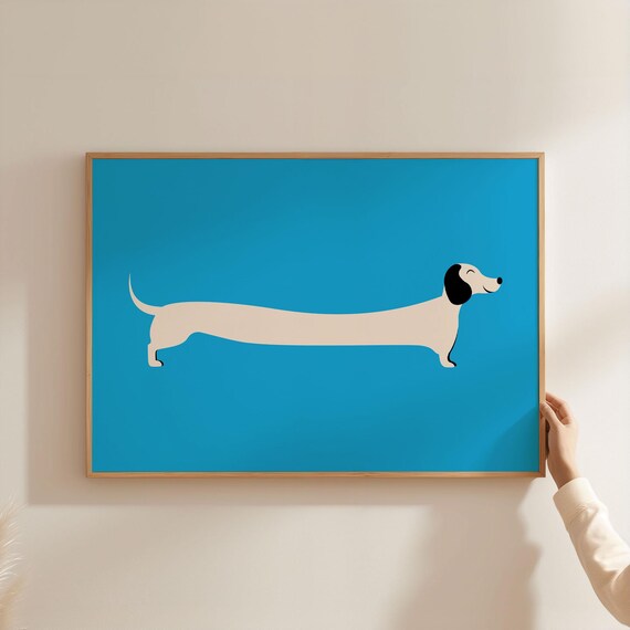 Minimalist Cream Dachshund Silhouette on Bright Blue Background Poster