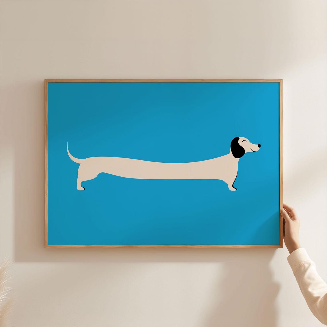 Minimalist Cream Dachshund Silhouette on Bright Blue Background Poster