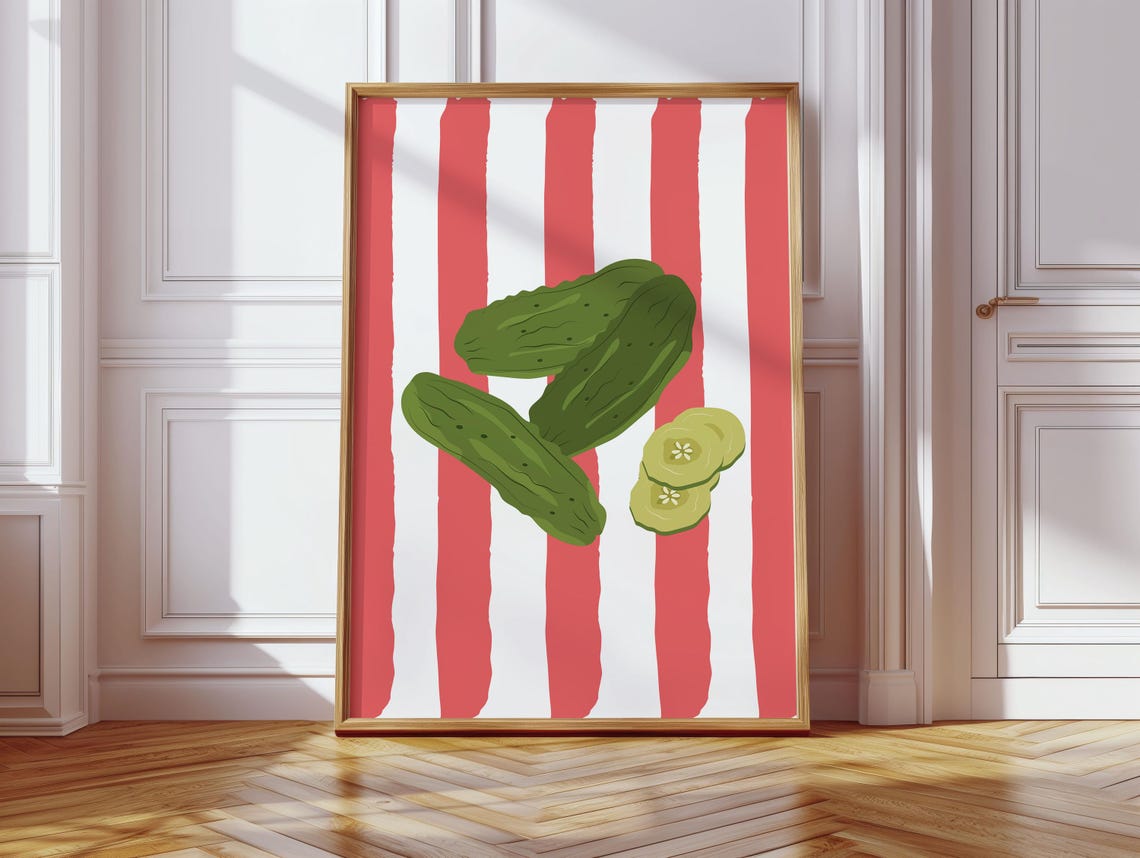Colorful Pickles On Red Stripes Kitchen Illustration Poster Art Fun