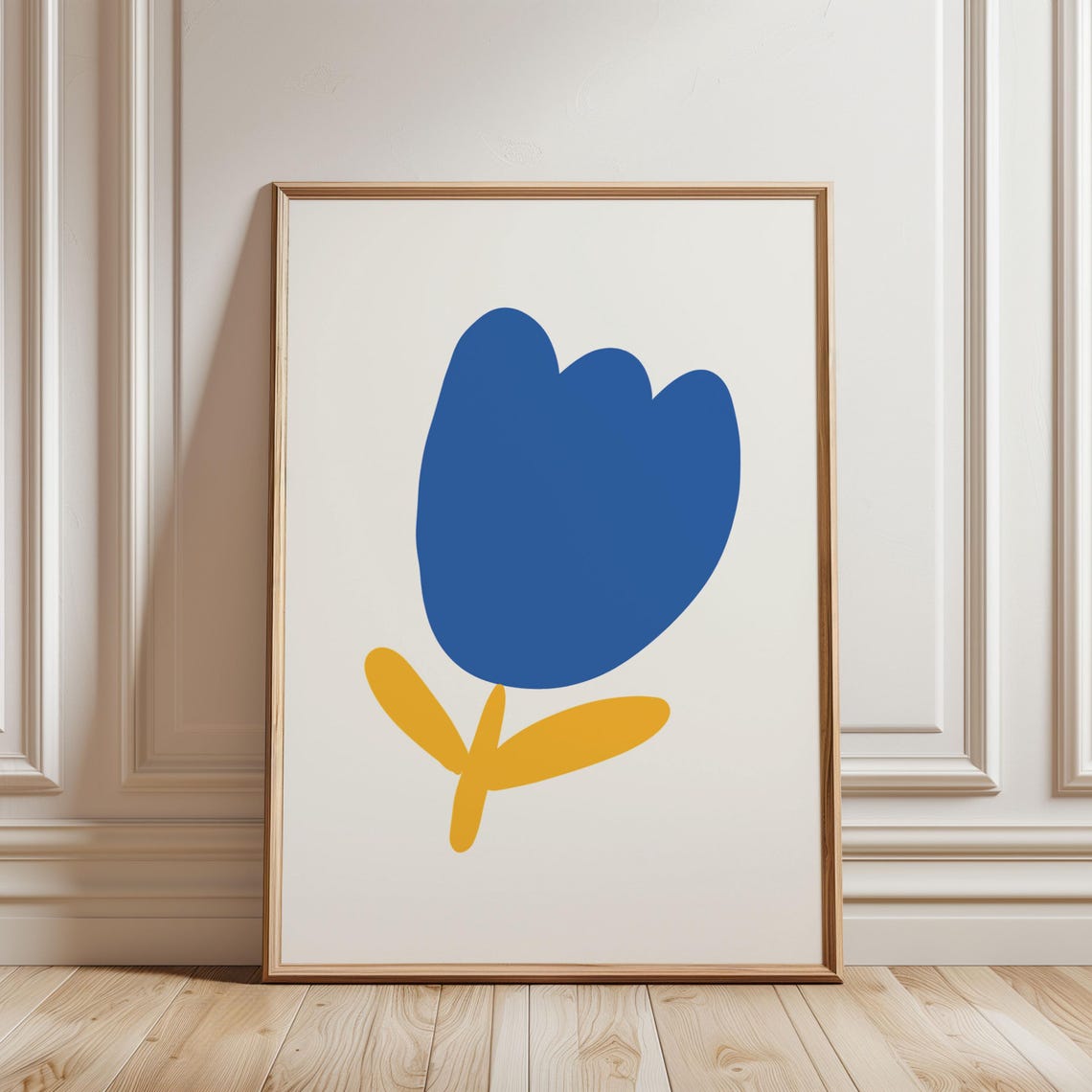 Cobalt Blue Tulip Mustard Stem Minimalist Nursery Botanical Wall Art