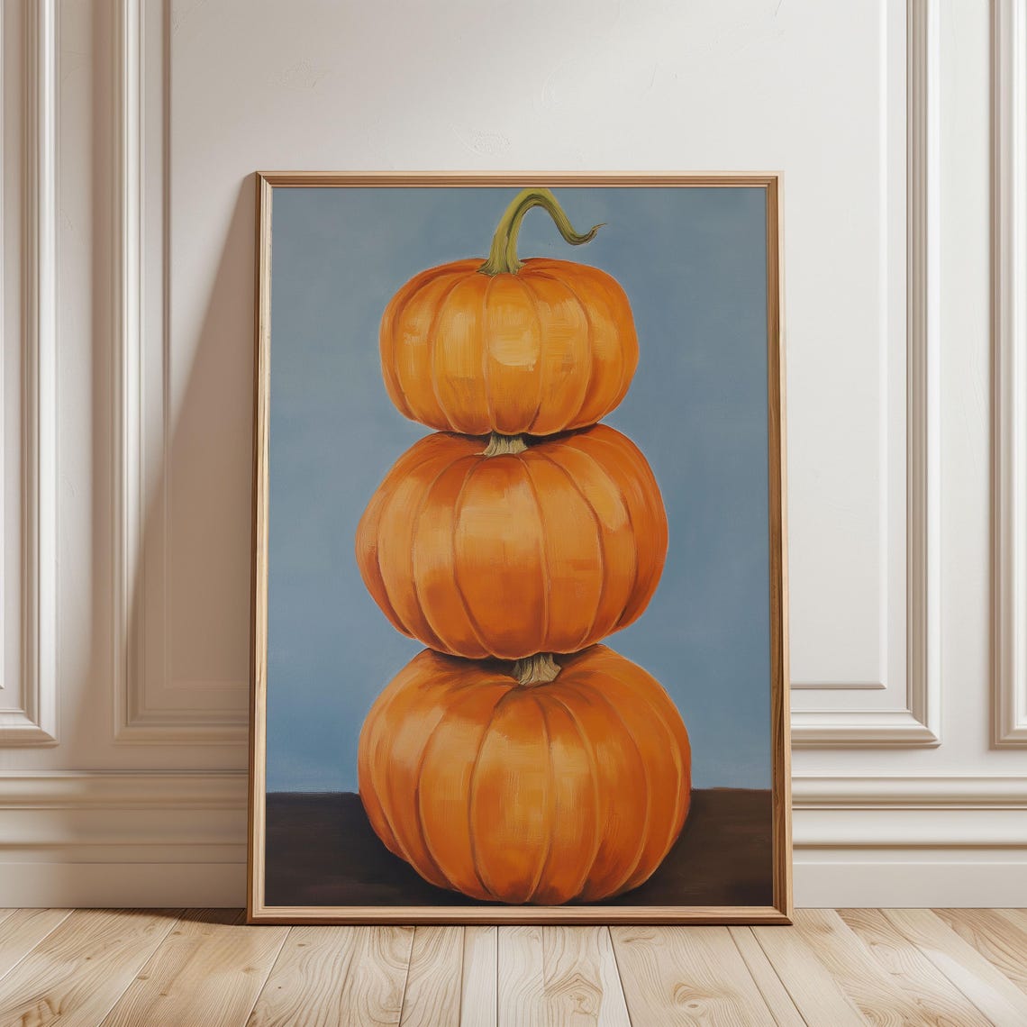 Three Stacked Orange Pumpkins On Blue Fall Harvest Art Poster