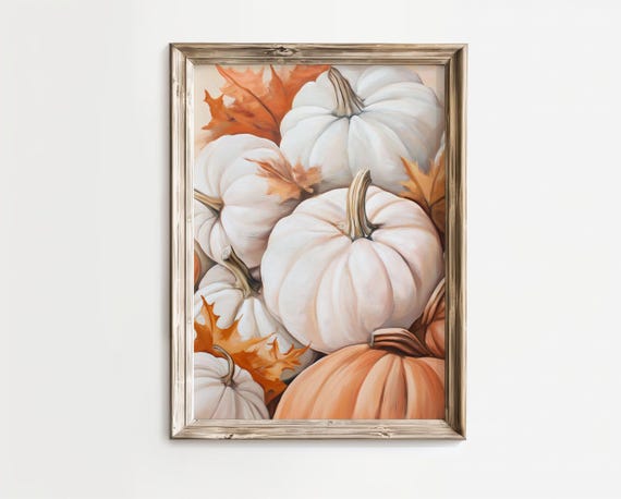 White Pumpkin Still Life Painting Poster with Fall Leaves in Rustic Style