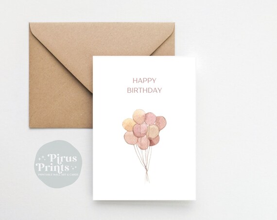 Balloon Birthday Card Minimal Watercolor Pink Balloons Greeting Card Instant