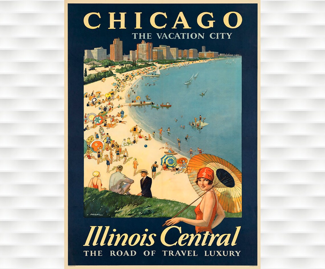 Chicago Vacation City Illinois Central Railroad Vintage Poster