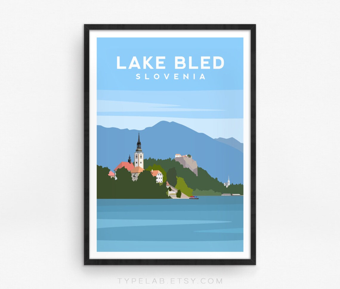 Lake Bled Travel Poster, Slovenia Alps Landscape