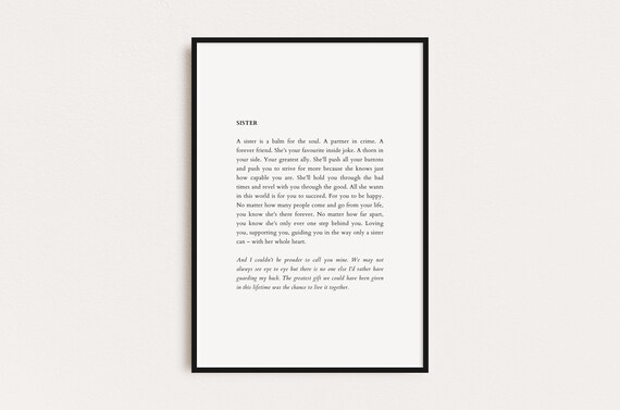 Heartfelt Poem for Sister Typography Poster Perfect Gift for Her