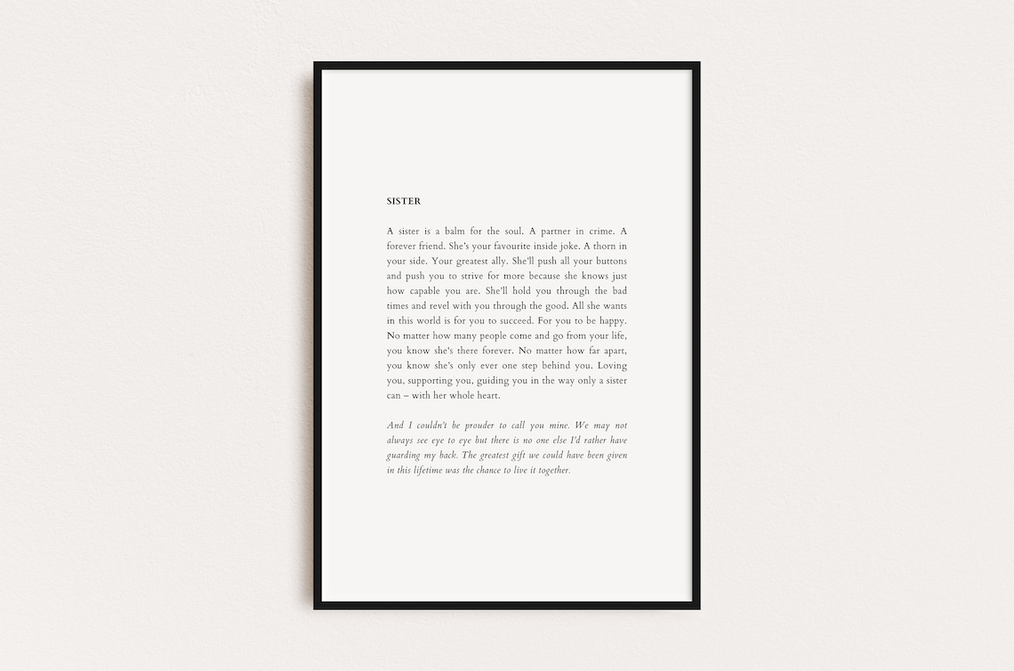 Heartfelt Poem for Sister Typography Poster Perfect Gift for Her