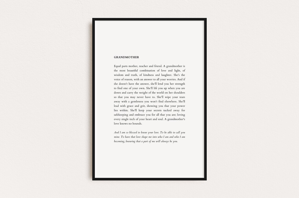 Heartfelt Grandmother Poem Typography Poster Gift for Grandma