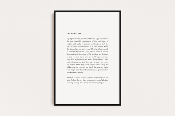 Heartfelt Grandmother Poem Typography Poster Gift for Grandma