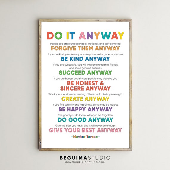 Mother Teresa Do It Anyway Inspirational Quote Prints Posters Wall Art Wall Decor Motivational Text Typography