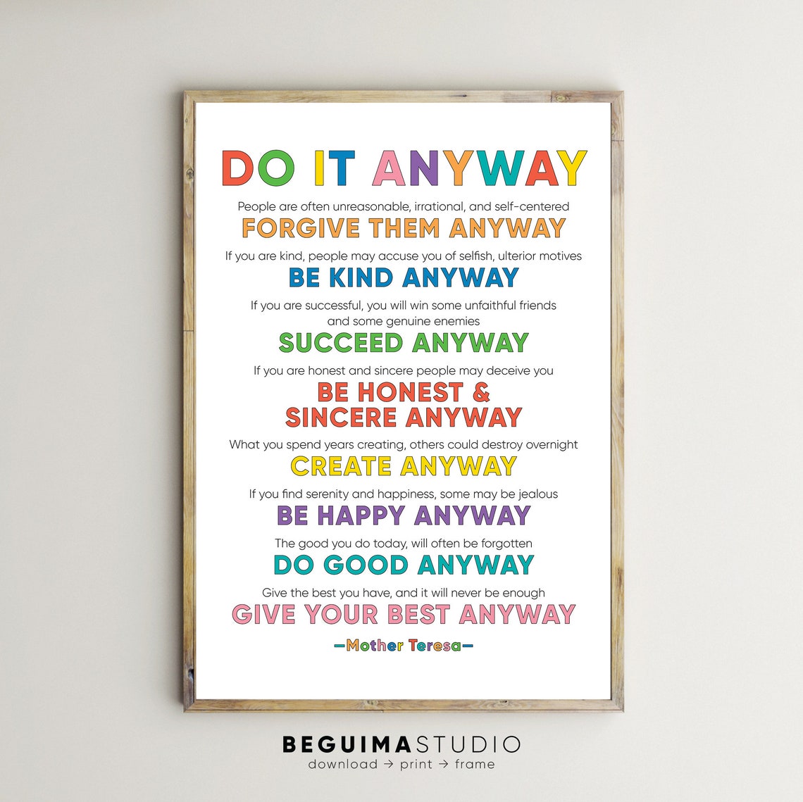 Do It Anyway Mother Teresa Inspirational Poem Colorful Poster