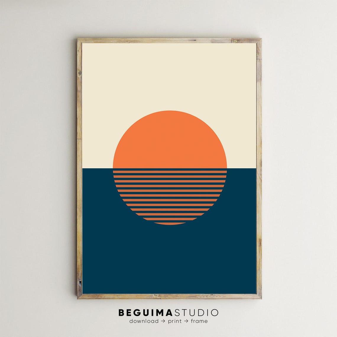 Mid Century Modern Retro Sunset Over Ocean Abstract Sun Poster