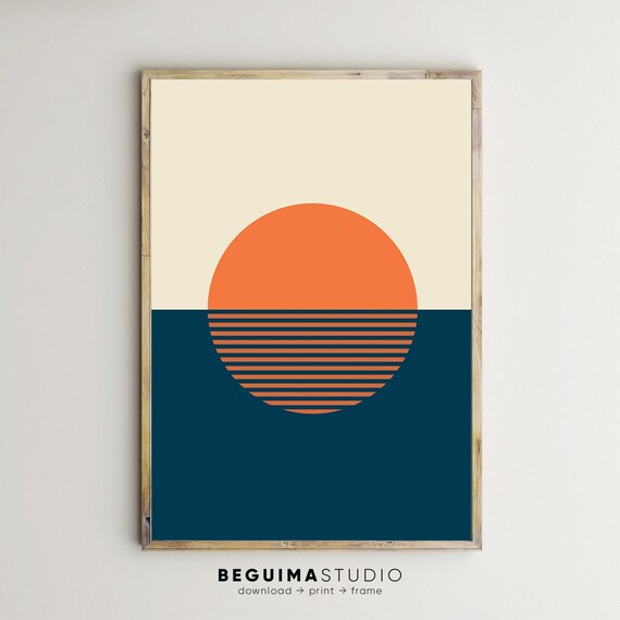 Sunset Prints Sea Posters Ocean Wall Art Sunrise Print Orange Sun Geometric Abstract Landscape Home Decor Modern Minimal Navy Blue