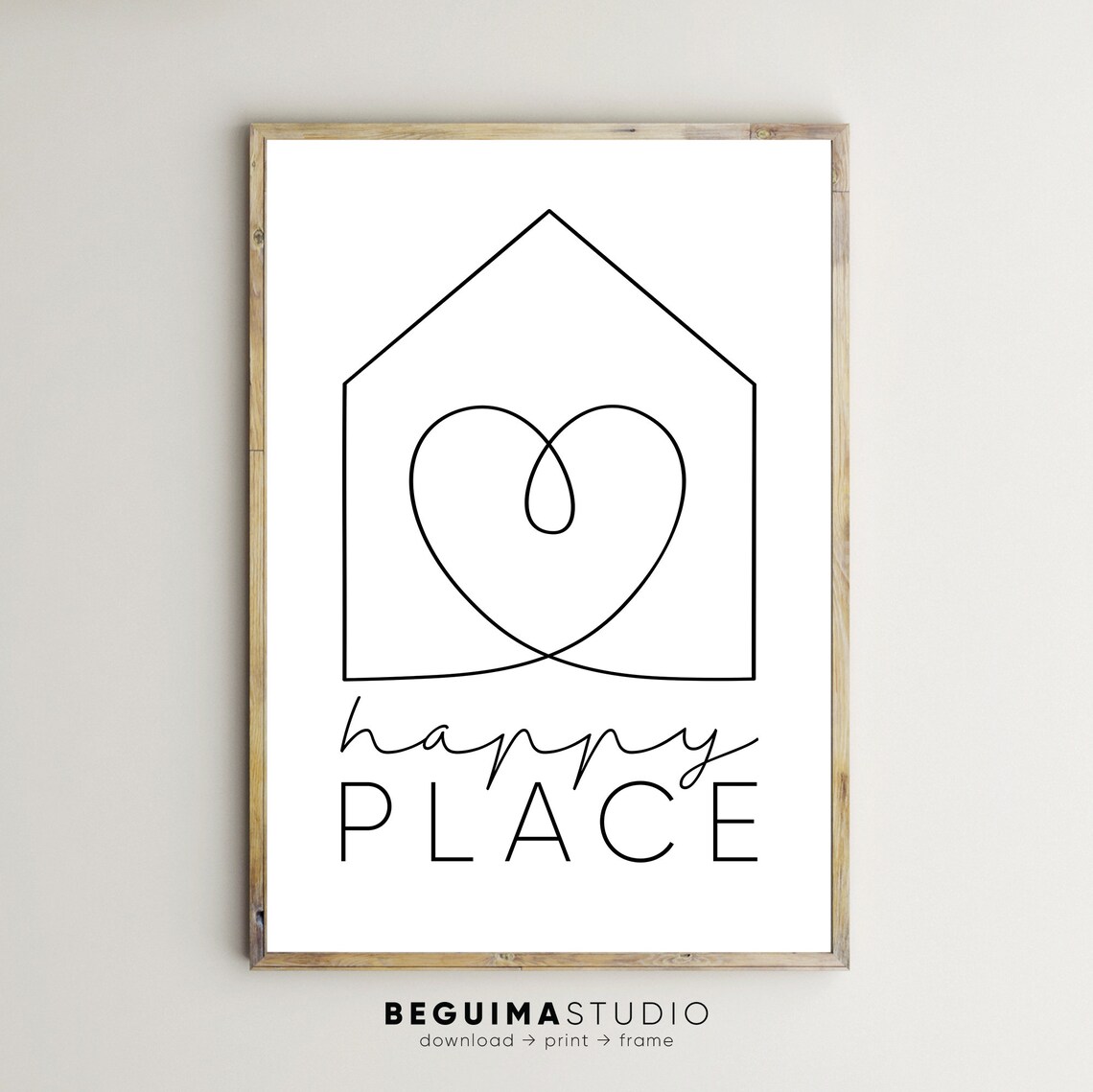 Happy Place Minimalist House Heart Line Art Home Decor Poster
