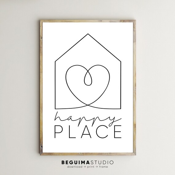 Happy Place Minimalist House Heart Line Art Home Decor Poster