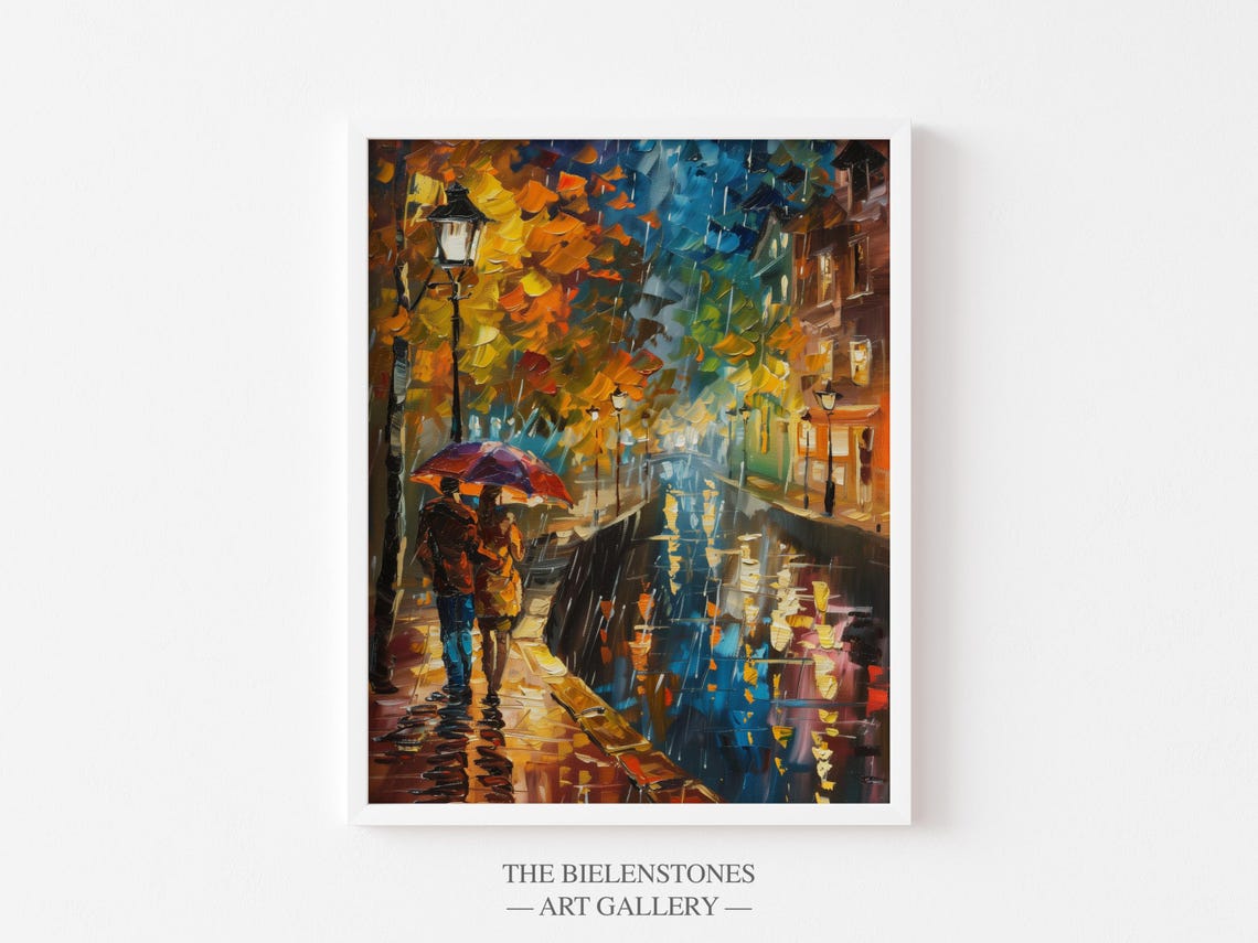 Amsterdam Rainy Canal Walk Couple Umbrella Wet Streets Romance Poster