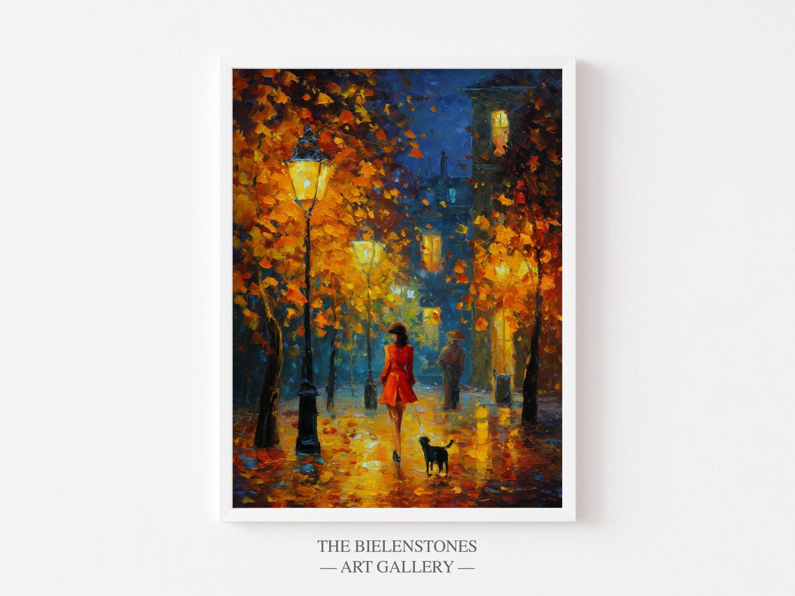 Paris Autumn Night Print Impressionist Woman With Dog