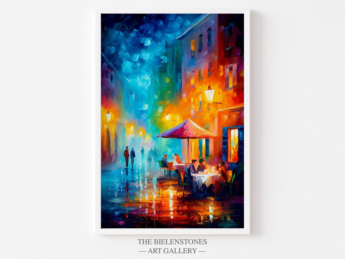 Rainy Night Street Cafe Warm Lights Impressionist City Poster