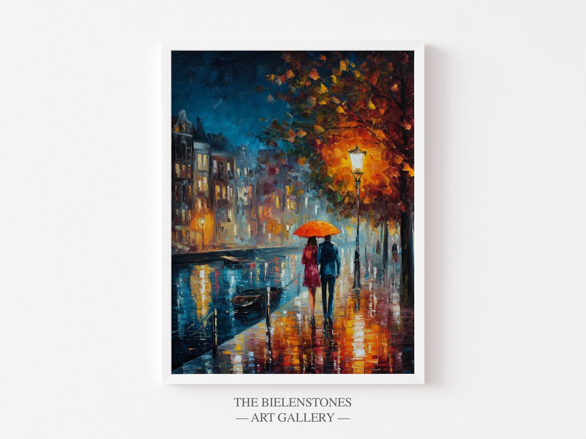 Amsterdam Autumn Night Canal Couple Red Umbrella City Lights Poster