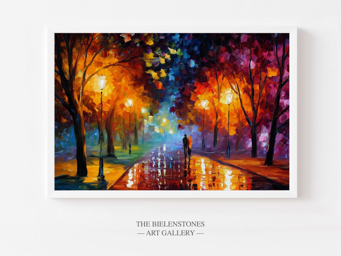 Romantic Couple Walking Autumn Park Night Impressionist Oil Poster