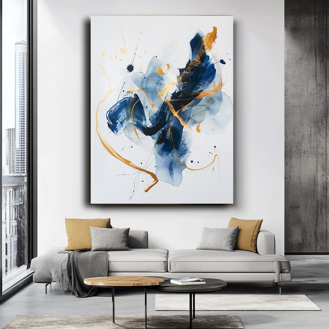 Navy Blue Gold Abstract Watercolor Brushstroke Modern Art Poster - Image 3