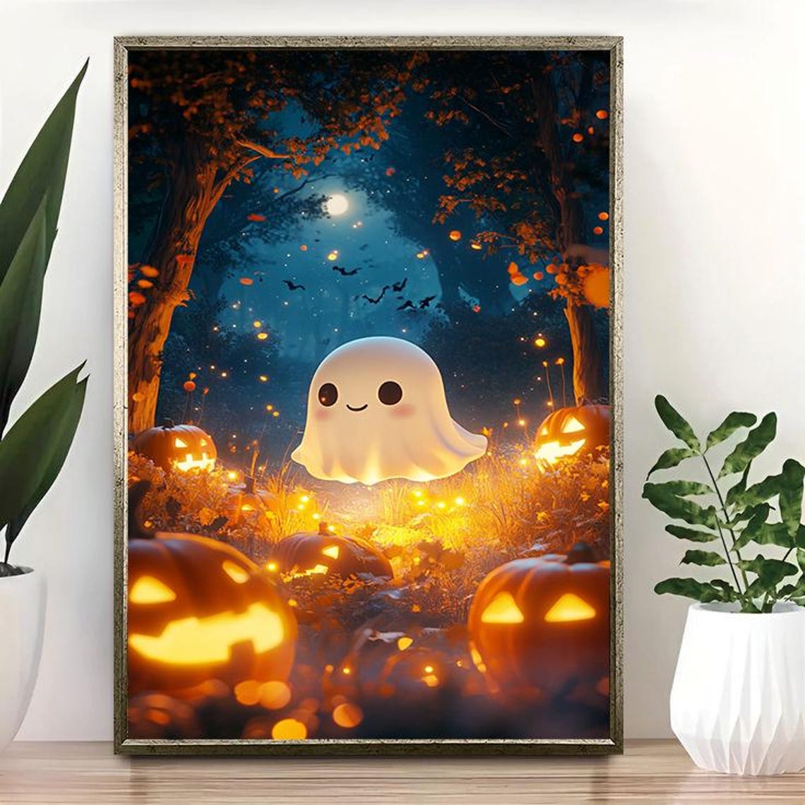 Cute Ghost and Glowing Jack O Lanterns Halloween Forest Kids Wall Art - Image 3