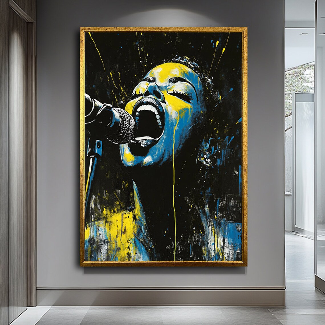 Black Blue Yellow Female Singer Microphone Pop Art Style Wall Art Print