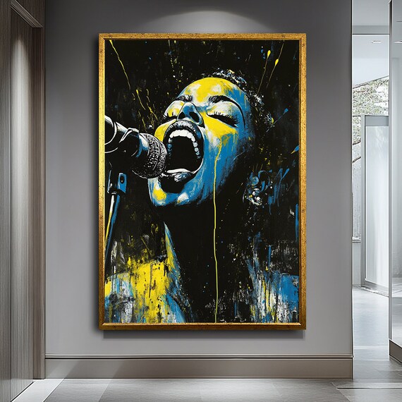 Black Blue Yellow Female Singer Microphone Pop Art Style Wall Art Print