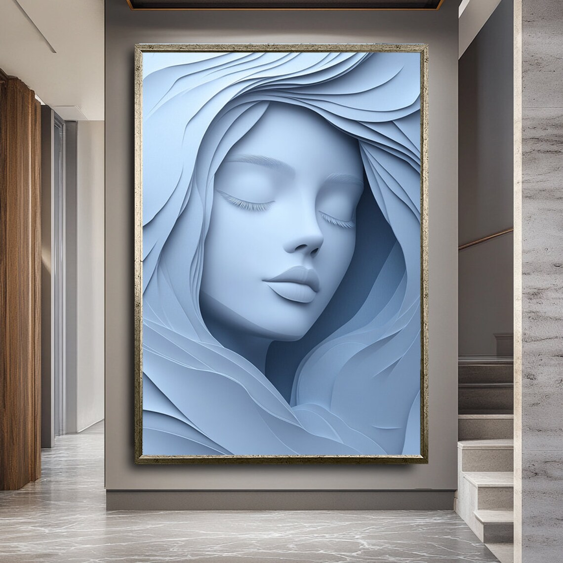 Blue And White Woman Silhouette Minimalist Art Print - Image 3