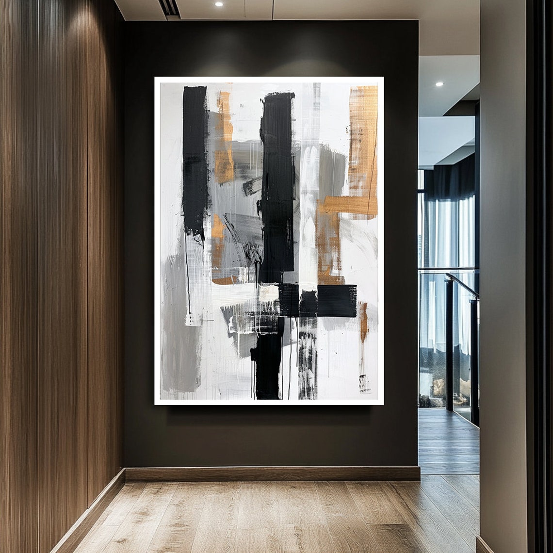 Black White And Gold Vertical Brushstroke Abstract Modern Art Poster - Image 2