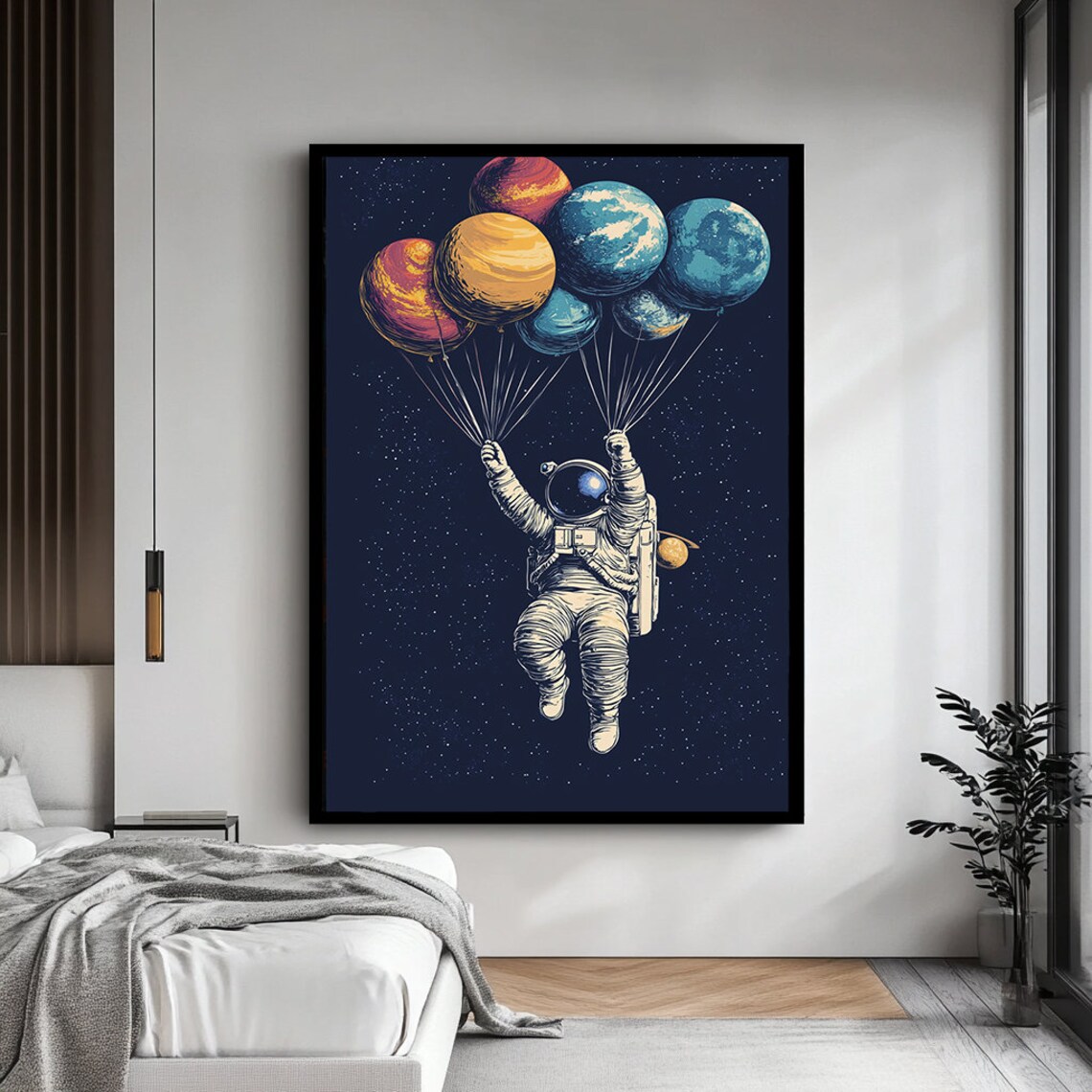 Astronaut Holding Planets, Cosmic Space Exploration Art Print - Image 4